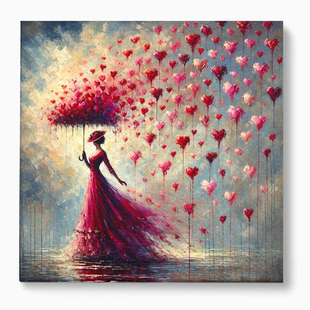 Tablou canvas cu tablou canvas cu femeie in rochie rosie, fara rama, pe sasiu de lemn